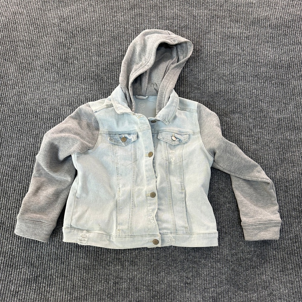 Wonder Nation Girls Hooded Denim Jacket L 10-12 Plus Blue Gray Mixed Media